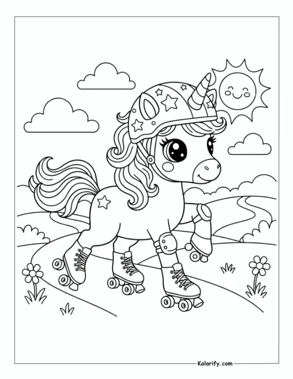 Unicorn playing roller skating coloring page