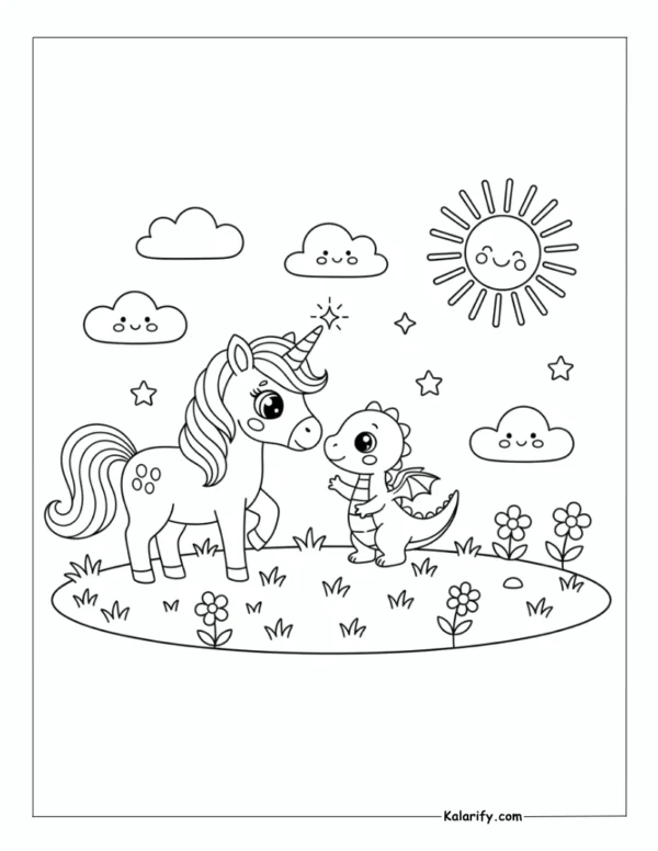 Unicorn playing with a tiny dragon coloring page