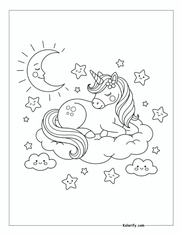 Unicorn resting peacefully coloring page