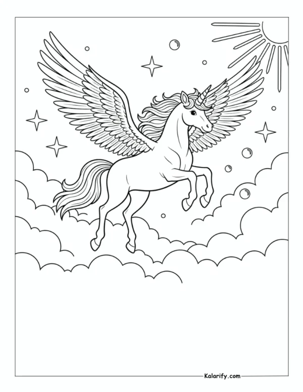 Unicorn soaring above the clouds coloring page