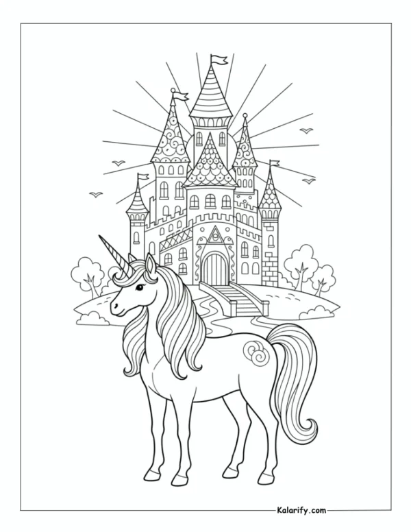 Unicorn standing outside a fantastical castle coloring page