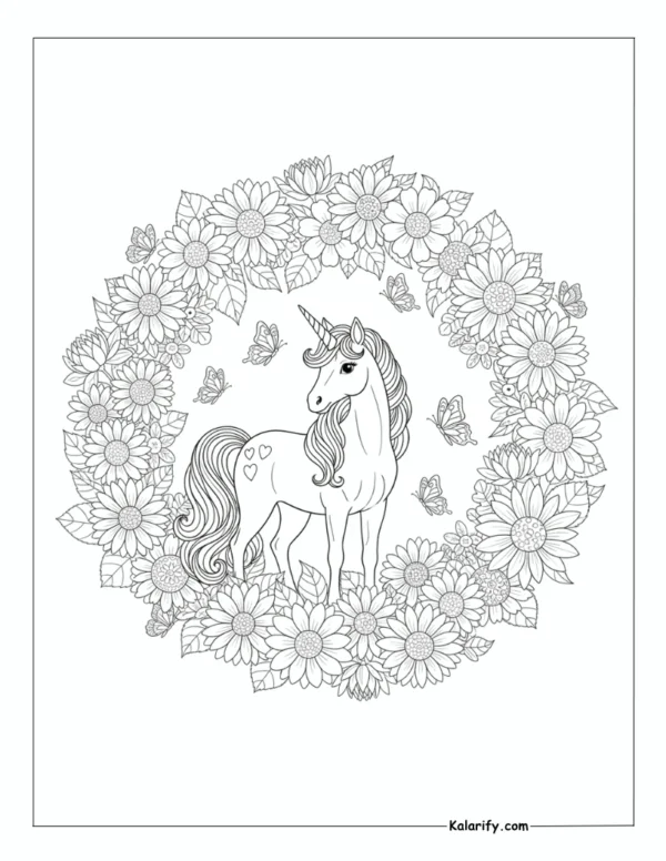 Unicorn surrounded by butterflies and flowers coloring page