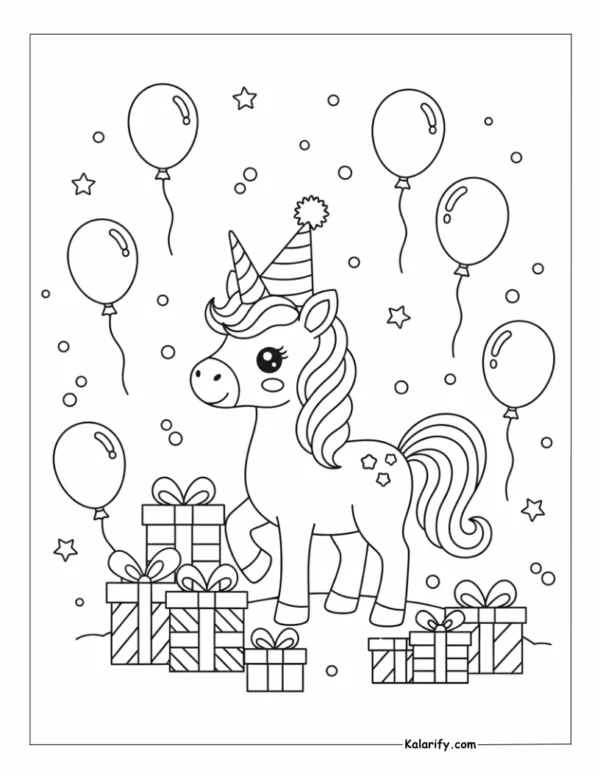 Unicorn wearing a birthday hat coloring page