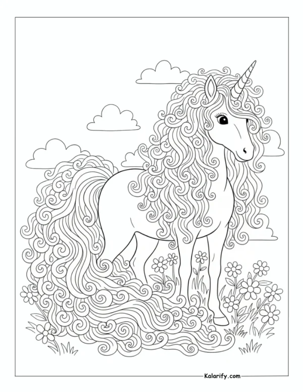 Unicorn with an curly mane and tail coloring page