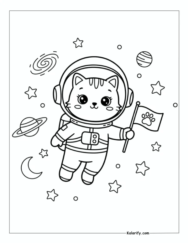 Astronaut cat with stars and planets coloring page