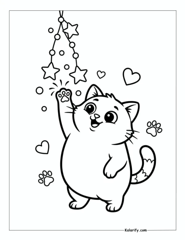 Cat batting at a string of stars coloring page