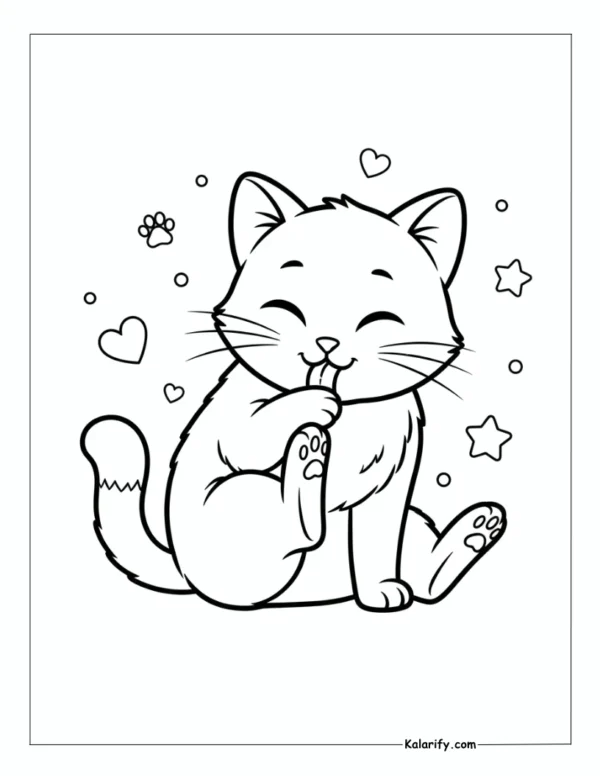 Cat grooming itself coloring page