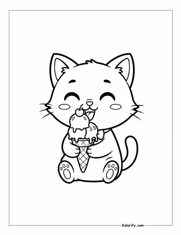 Cat happily eating an ice cream cone coloring page