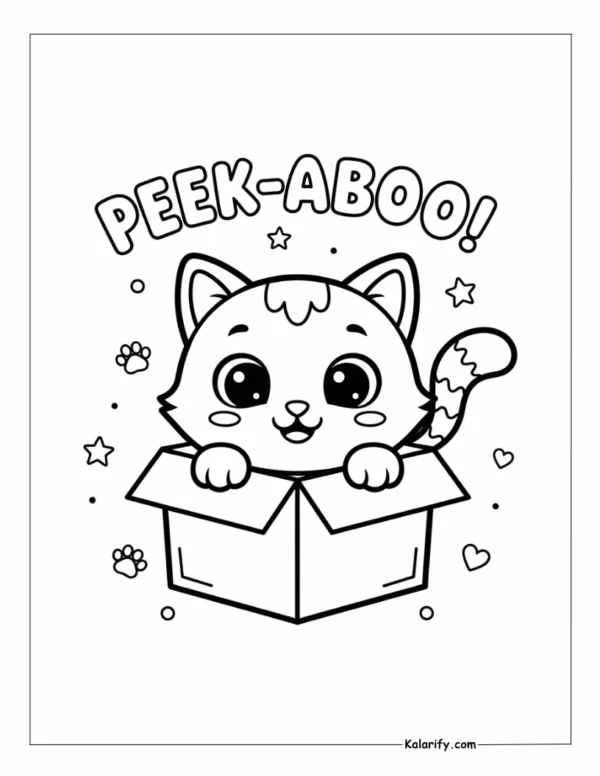 Cat hiding in a box coloring page