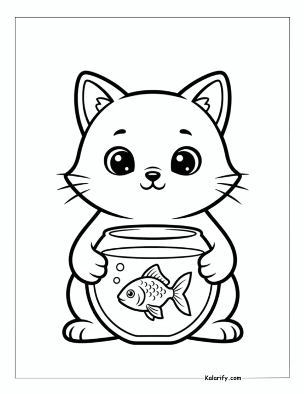 Cat holding a large fishbowl with a fish inside coloring page