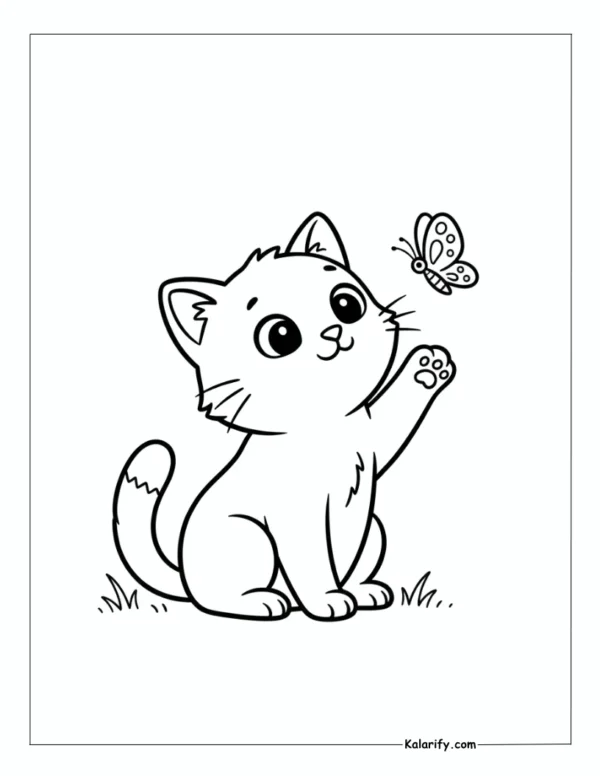 Cat looking curiously at a butterfly coloring page