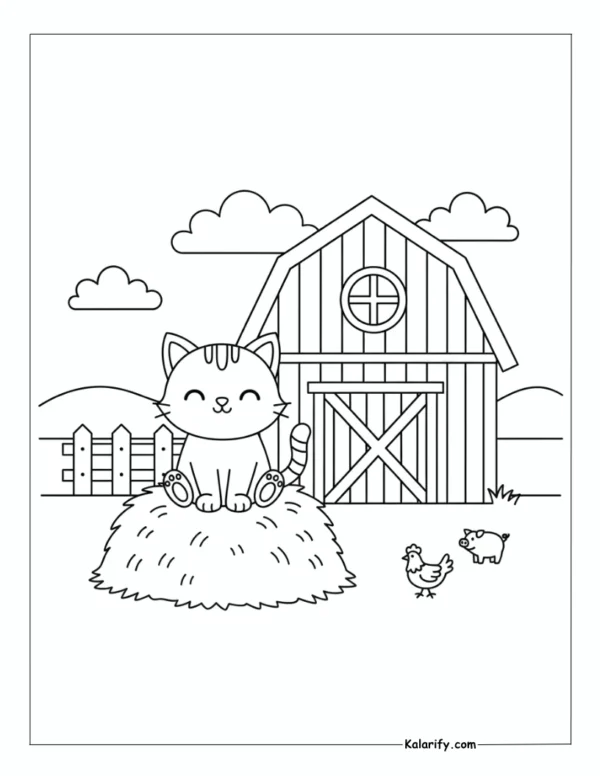 Cat near a barn and haystack coloring page