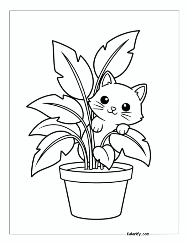 Cat peering out from a potted plant coloring page