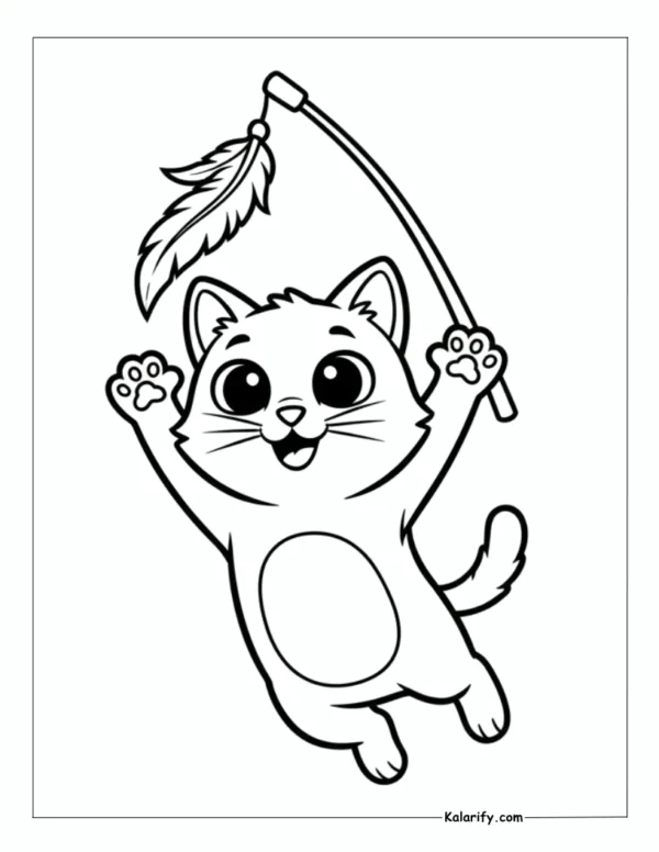 Cat playing with a feathered stick toy coloring page