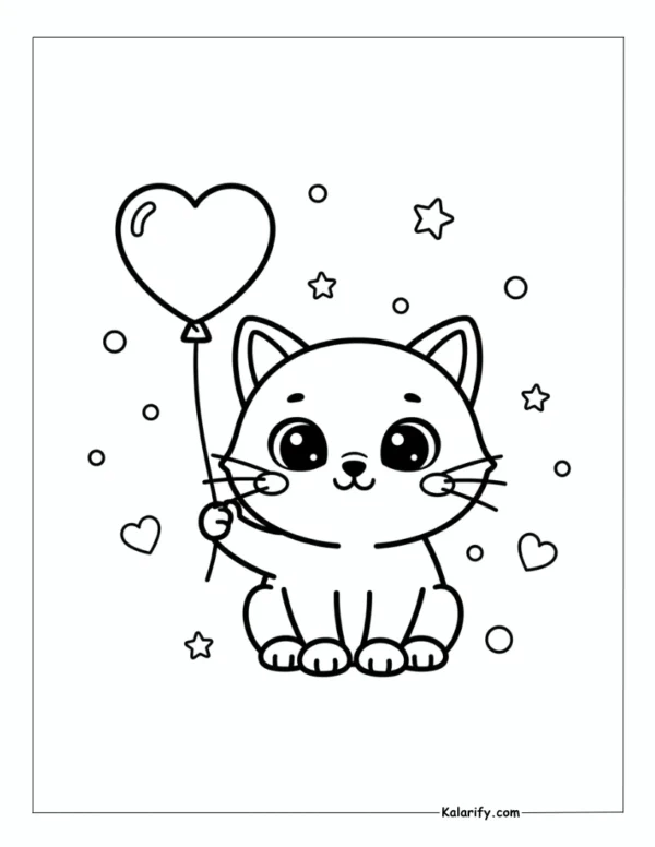 Cat sitting happily with a small heart balloon coloring page