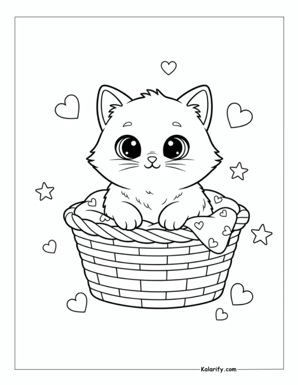 Cat sitting inside a cozy basket coloring page