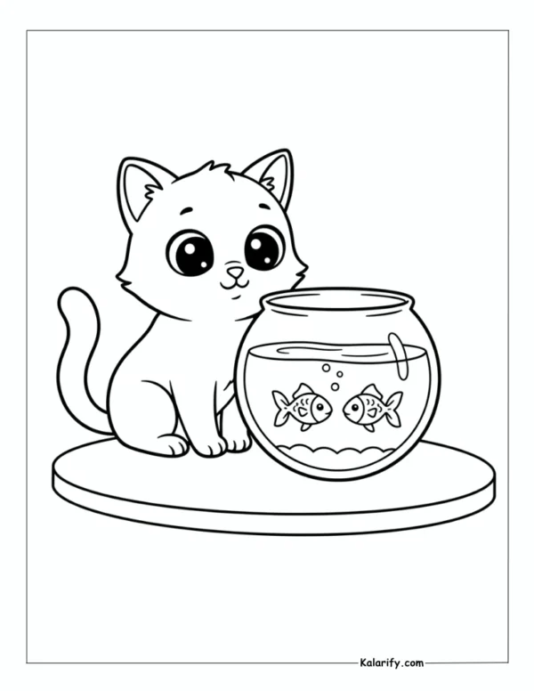 Cat watching fish in a bowl coloring page