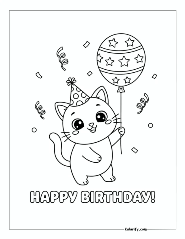 Cat wearing a small party hat coloring page