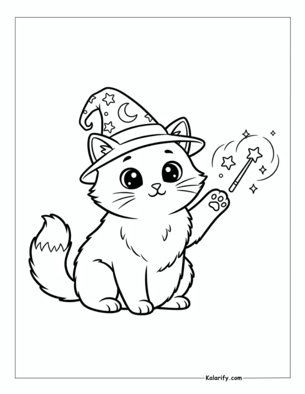 Cat wearing a tiny wizard hat coloring page