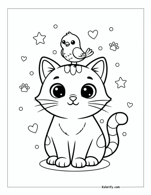 Cat with a small bird on its head coloring page