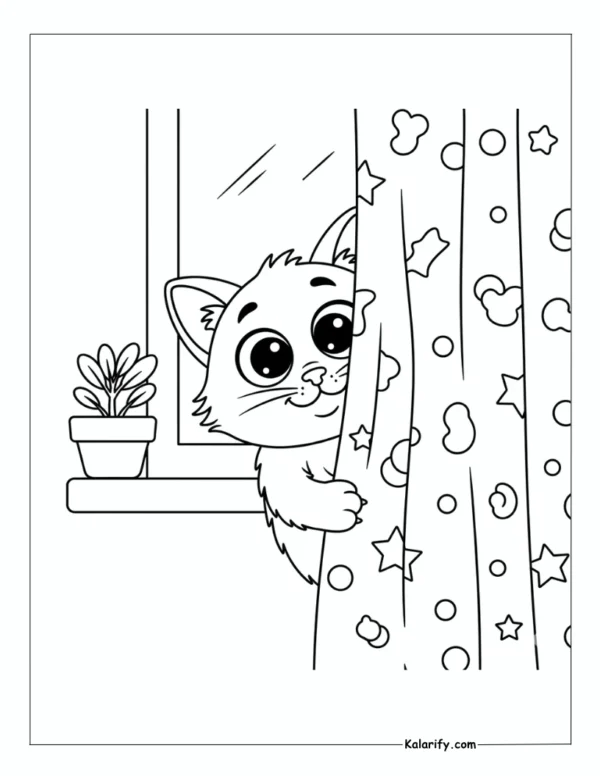 Cat peeking from behind a curtain coloring page