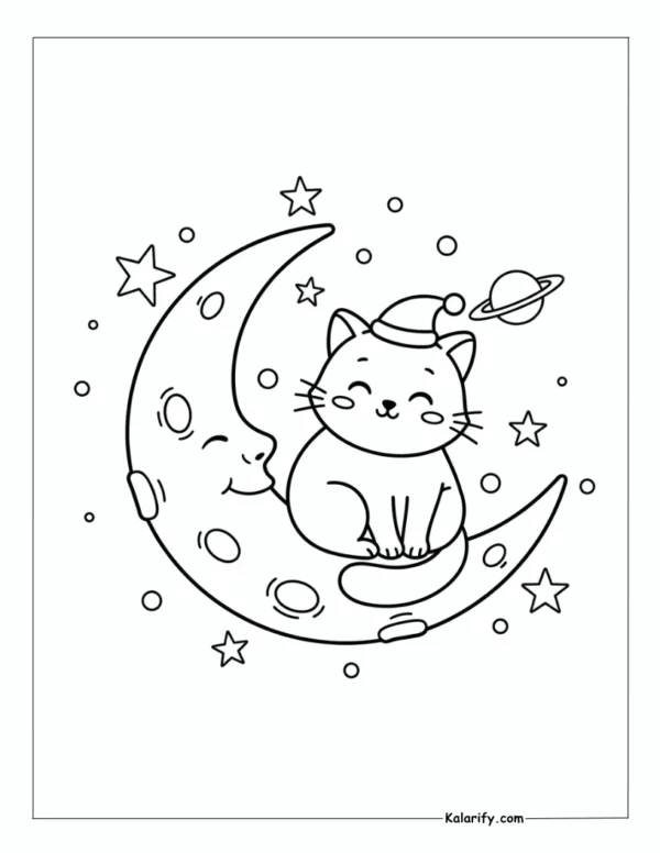 Dreamy cat sitting on a crescent moon coloring page