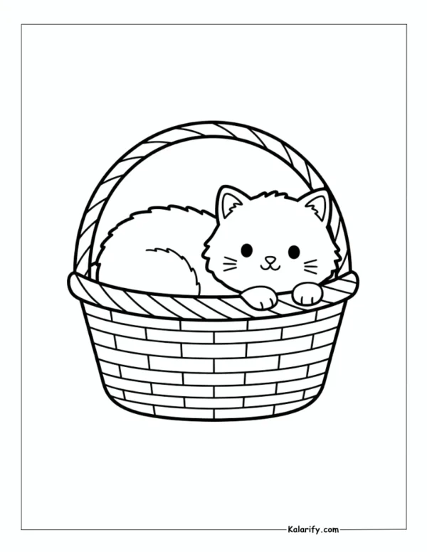 Fluffy cat sitting inside a basket coloring page