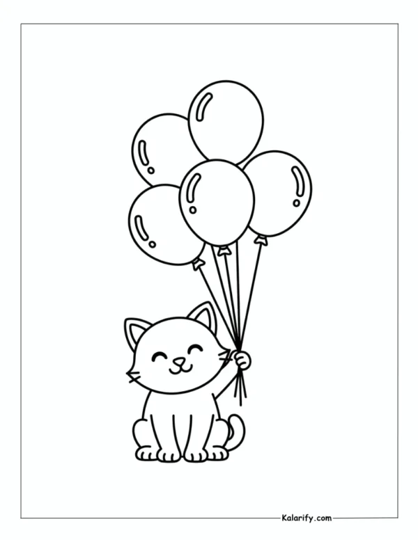 Happy cat holding balloons coloring page